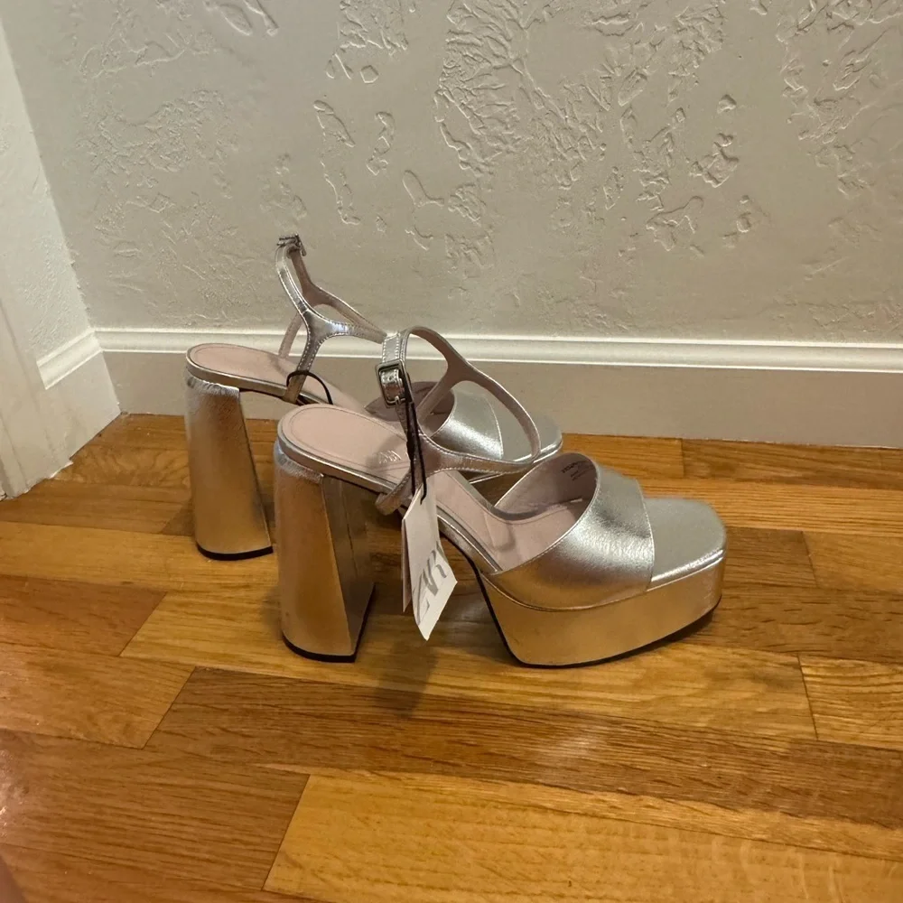 ZARA Silver Platform Heels Shoes Party‎ Vacation Wedding Dance Size 10 41 Shiny